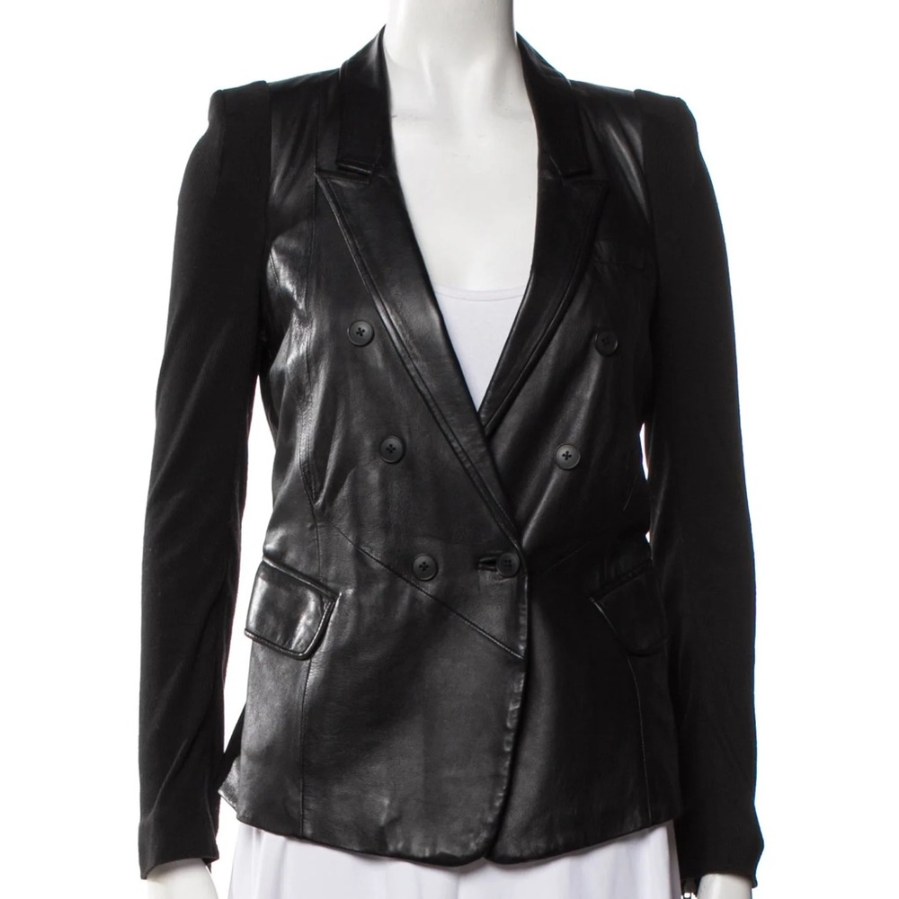 Yigal Azrouel Lamb Leather Panel Black Blazer with Woven Sleeves Double Breasted